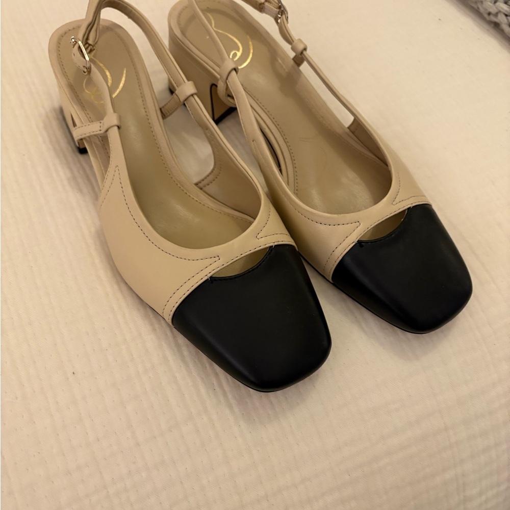 Sam Edelman Two-Tone Beige and Black Slingback Block Heels